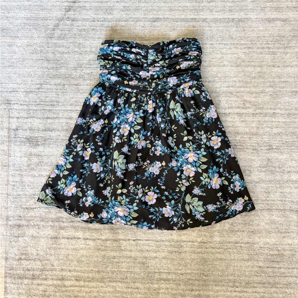 American Eagle Strapless Floral Mini Dress – Black Blue Ruched Sweethear
